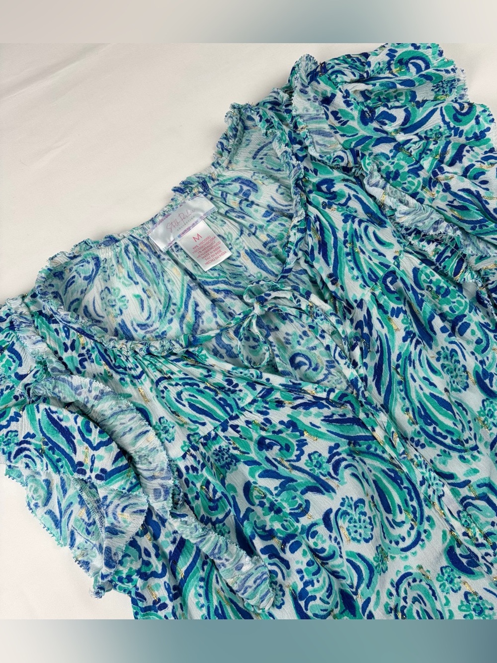 Stella Parker Blouse Blue Green Paisley Ruffle Flutter Sleeve V-Neck Top Size M